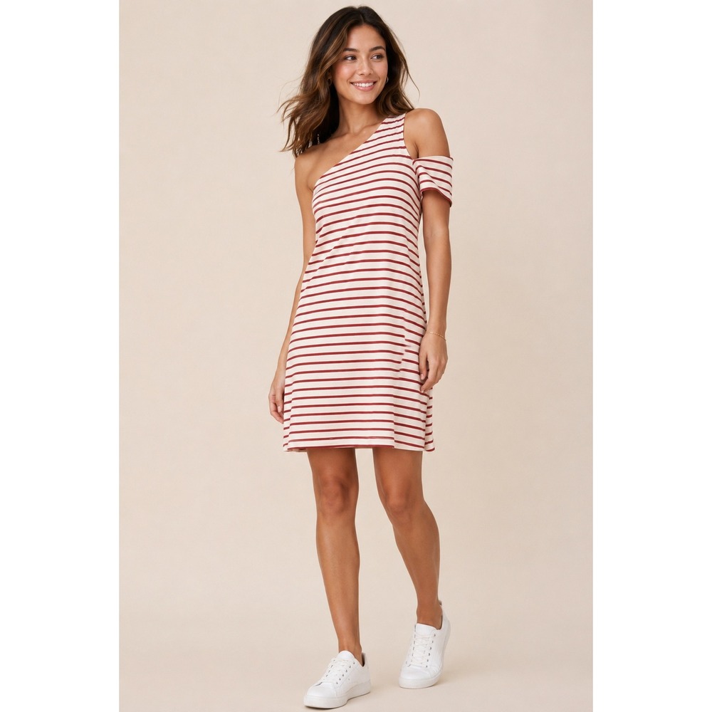 Maeve Anthropologie One Shoulder Striped Mini Dress‎ Red Cream Cotton XS
